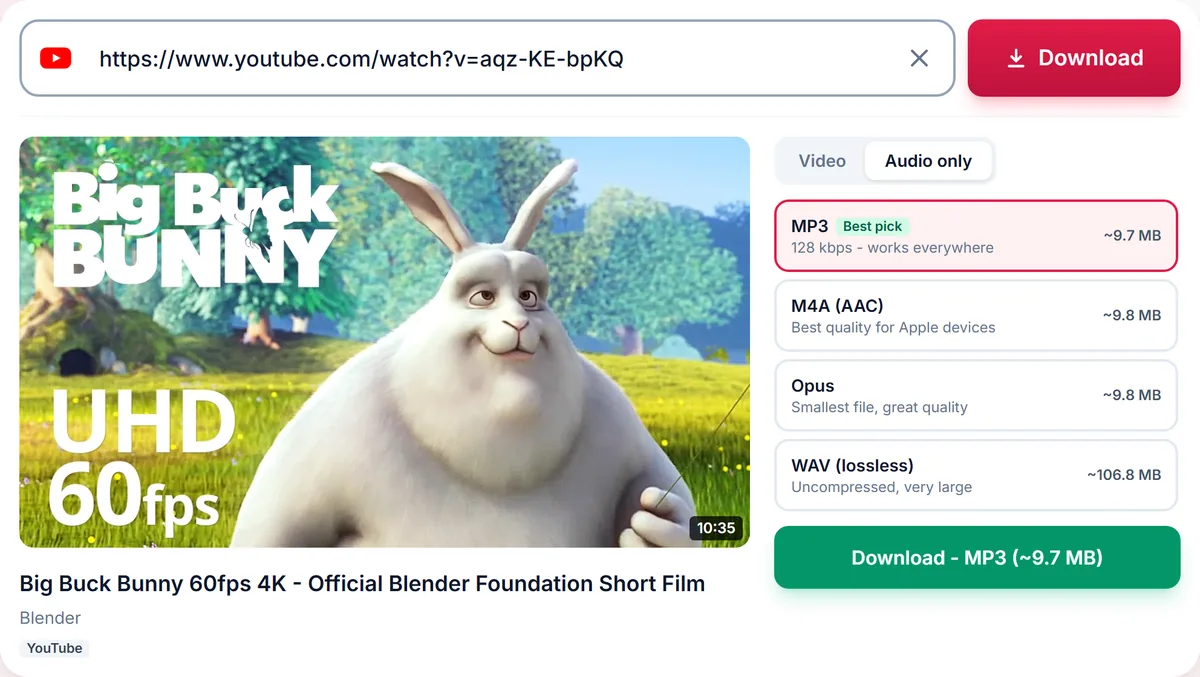 Audio only tab with MP3, M4A, Opus and lossless WAV options and their file sizes