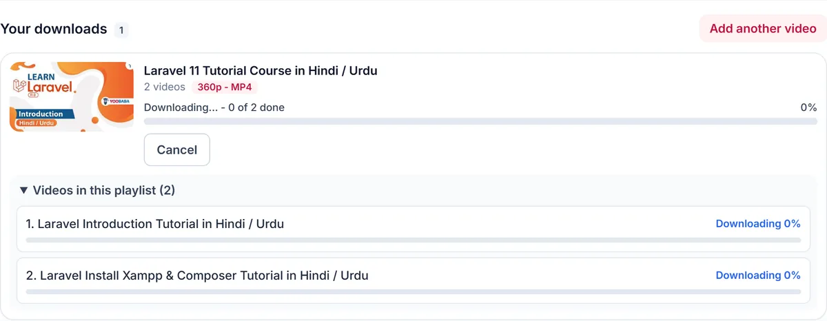 A playlist download in progress: each video listed with its own progress bar and a Cancel button