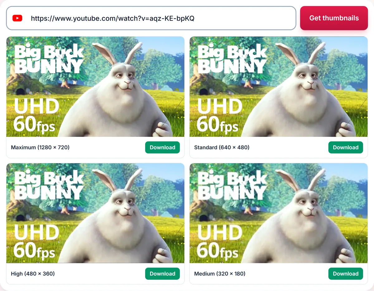 The four thumbnail sizes of a YouTube video, from 320x180 up to 1280x720, each with a Download button